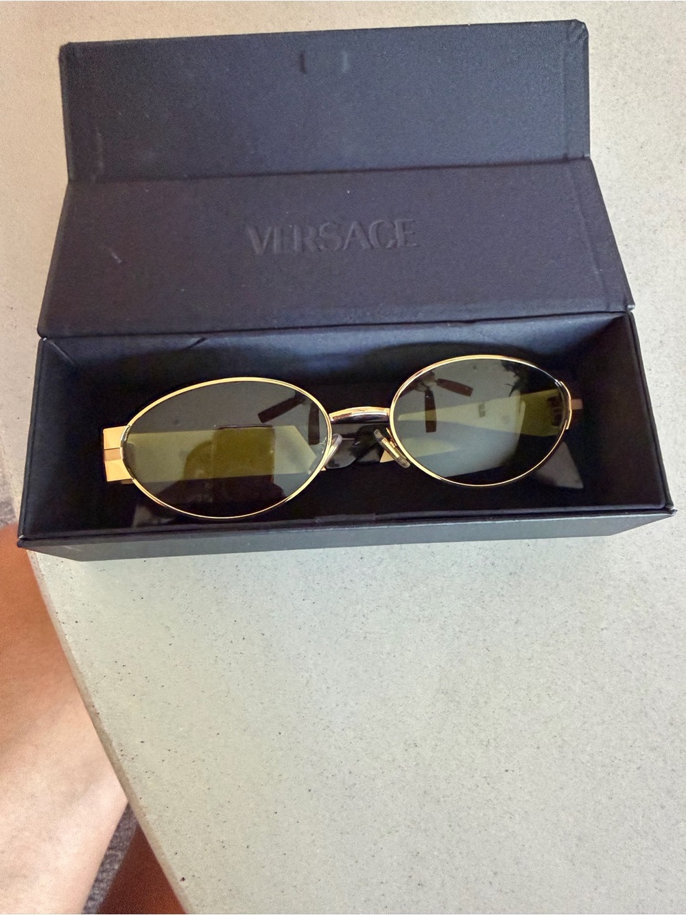 Versace Gold Frame Sunglasses with Olive-Green Lenses $300